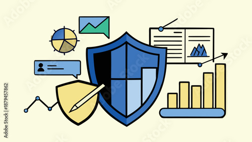 Data protection and secure investment strategy. Shield and analysis. Information privacy, business, report, and investment concepts.