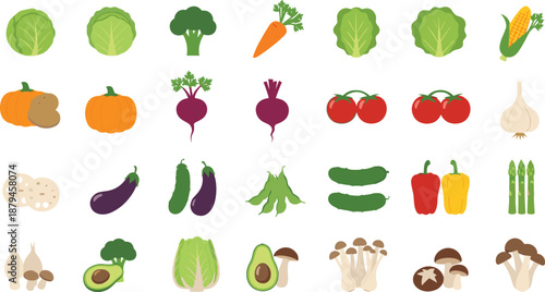 Colorful Fresh Vegetable Icon Set Isolated on Transparent Background Healthy Food Vector Illustration