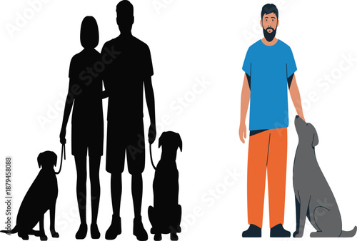 Dog Owner Comparison Illustration Featuring Family Silhouette and Single Man with Pet, Lifestyle Choice Concept and Human Animal Companionship Design Vector