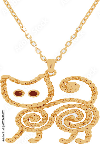 Cute gold cat necklace pendant vector illustration with decorative feline shape jewelry design for fashion accessories, luxury branding, and gift concepts