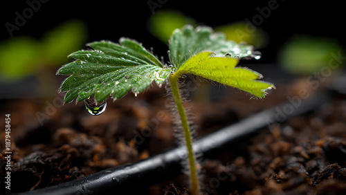 Extreme Macro of a Young Green Seedling with Crystal Clear Dew Drops and Drip Irrigation.