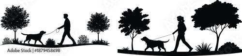 People Walking Dogs Silhouette Illustration Set Featuring Outdoor Park Scenes with Trees, Leashed Pets, Calm Nature Walks and Minimal Black Lifestyle Design Vector