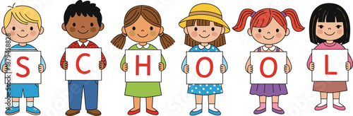 Cute School Kids Holding Alphabet Letters Back to School Education Vector Illustration