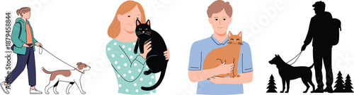 Pet owners with dogs and cats vector illustration set showing walking, holding, and silhouette scenes of people with pets
