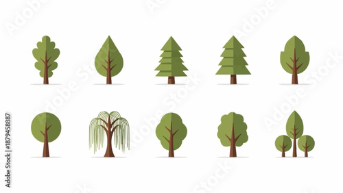 Collection of stylized flat design trees in various shapes and sizes.