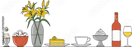 Elegant Table Still Life with Flowers Dessert Coffee Wine and Breakfast Items Vector Illustration