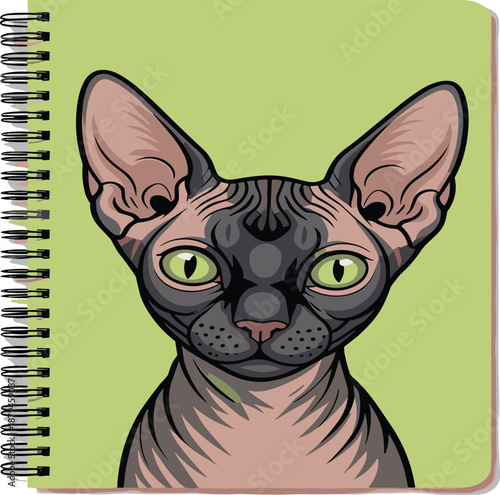 Sphynx Cat Notebook Cover Illustration Featuring Hairless Feline Portrait with Green Eyes, Cute Pet Character and Modern Stationery Design Vector