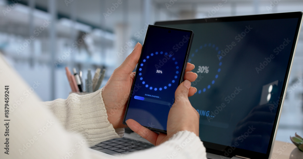 Obraz premium Woman Upgrading Slow OS On Mobile Smartphone