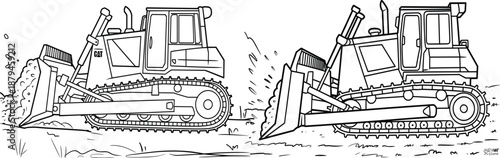 Bulldozer Construction Line Illustration Set Featuring Tracked Earthmoving Machines in Action, Heavy Industrial Equipment and Engineering Vehicle Operations Vector