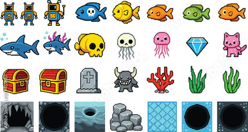 Pixel Game Asset Pack with Robots Fish Skulls Treasures and Underwater Objects Vector