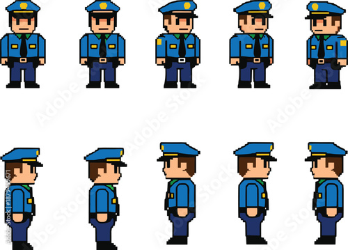 Pixel Police Officer Character Set with Front and Side Poses Game Sprite Vector