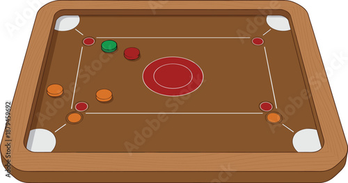 Realistic Carrom Board Game Illustration with Coins and Wooden Frame Vector Design