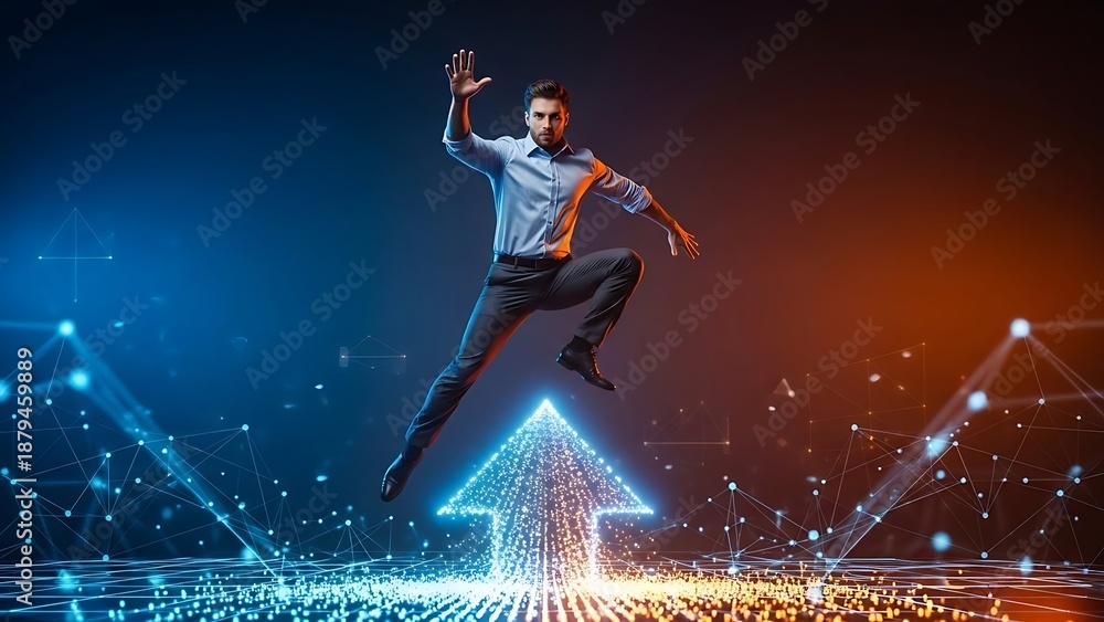 Obraz premium Dynamic Business Professional Leaping Over Rising Data Graphs – Concept of Success, Growth & Overcoming Challenges