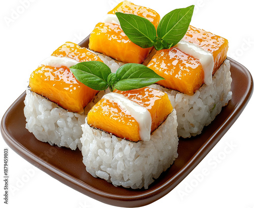 Sushi dessert mango sticky rice leaf sweet sushi dessert with mango cube topping and cream sauce garnish