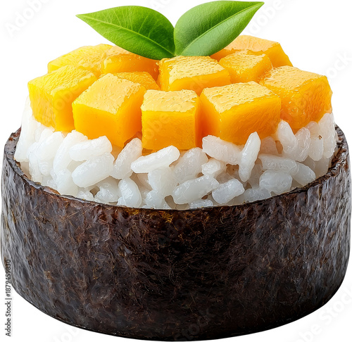 Mango dessert sticky rice seaweed bowl sweet food tropical fruit treat with fresh leaf garnish