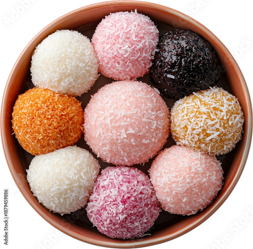 Colorful coconut ball dessert, sweet snack, round candy, sugar treat, pink pastel joy