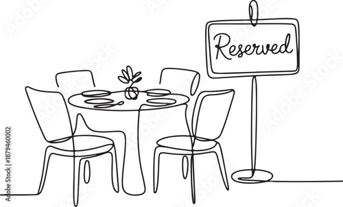 Continuous Line Art Illustration of Reserved Sign Beside Table Setup — Minimal Elegant Dining Scene