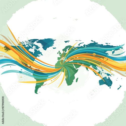 Global Network Connections Abstract World Map with Colorful Streaks