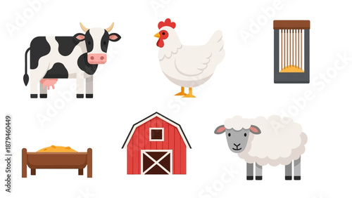 Collection of Farm Animals and Agricultural Icons Cow, Chicken, Sheep, Barn, and Hay Feeder