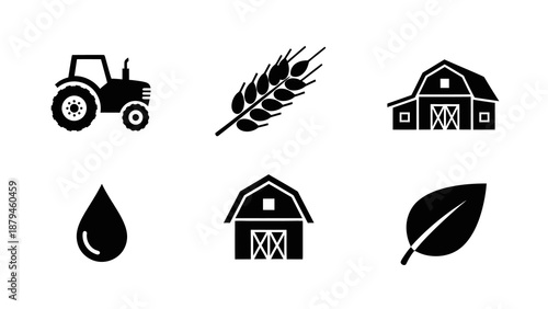 Black and White Flat Icons Representing Agriculture, Farming, and Natural Elements
