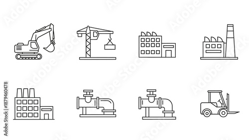 Collection of Industrial and Construction Line Icons Including Factories, Vehicles, and Pipes