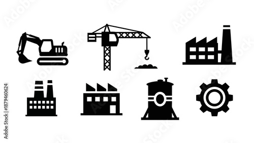 Collection of Industrial and Construction Flat Black Icons Representing Machinery, Factories, and Heavy Industry