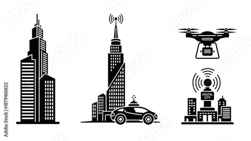 Smart City Infrastructure Icons Featuring Modern Buildings, Autonomous Cars, Drones, and Digital Communication
