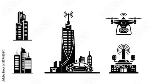 Digital City Icons Collection Smart Urban Technology and Future Connectivity