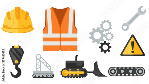 Collection of Construction and Industrial Safety Equipment, Heavy Machinery, and Engineering Tools Icons