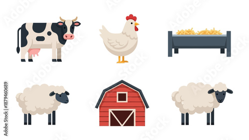 Flat Vector Illustration of a Farm with a Cow, Chicken, Two Sheep, a Red Barn, and a Hay Feeder