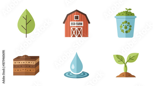 Collection of Eco friendly Icons Representing Nature, Sustainable Farming, and Environmental Protection