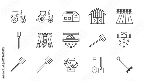 Set of Black Line Art Icons Depicting Farming Equipment, Agricultural Buildings, and Crop Fields