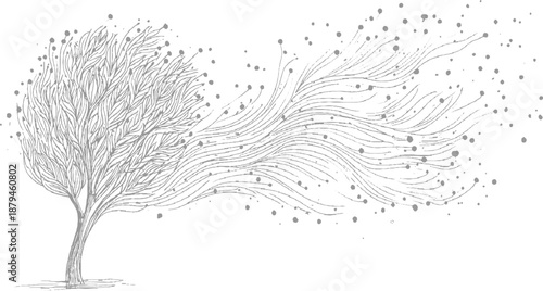 Detailed grey tree with dense branches and scattered dots flowing outwards, symbolizing growth and motion