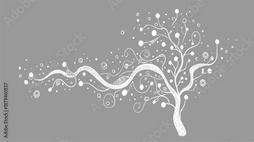 Abstract stylized tree with swirling branches and scattered dots rendered in white line on a solid grey background, evoking a sense of growth and movement
