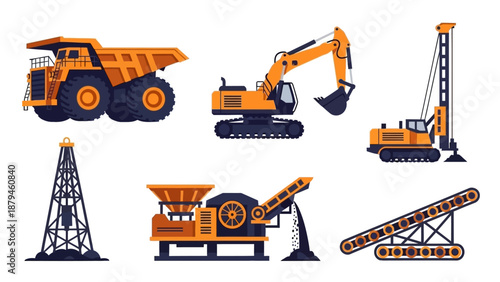Set of Heavy Mining and Construction Machinery Including Dump Truck, Excavator, and Conveyor