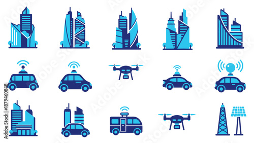 Modern Smart City Technology Icons Set Featuring Urban Buildings, Autonomous Vehicles, Drones, and Green Energy