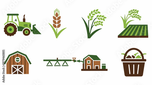 Set of Flat Design Farming and Agriculture Icons with Tractor, Crops, Barn, and Irrigation
