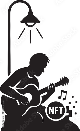 Silhouette of a musician with guitar creating and selling music NFT vector illustration