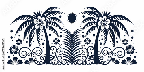 a tropical design with palm trees flowers and swirls