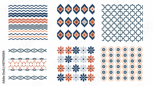 Collection of various blue orange and white geometric patterns