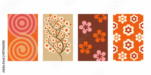 a set of four colorful rectangular panels with different patterns