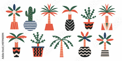 a collection of colorful potted plants and cacti in various patterns