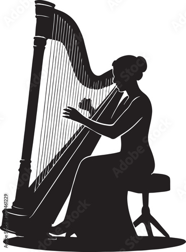 Silhouette of a professional female harpist playing a classical harp vector illustration