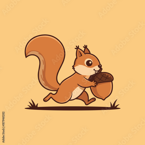 Energetic cute cartoon squirrel character running and holding a large brown acorn on a light orange background, playful wildlife nature illustration.