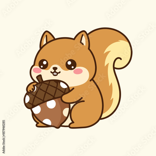 Cute cartoon squirrel holding a large acorn nut with a friendly expression and big eyes isolated on a soft cream background vector art