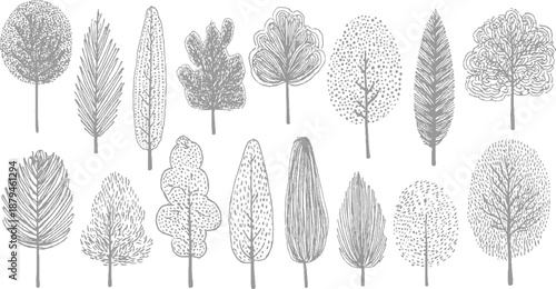 An eclectic assortment of hand-drawn trees in various styles and textures presented in a monochromatic grey and white palette for versatile use