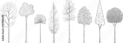 A curated selection of eight hand-drawn tree in grey, featuring a spectrum of botanical silhouettes and detailed textures for projects