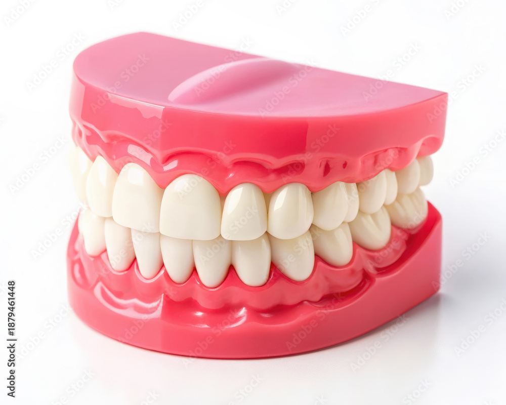 Obraz premium Model of set artificial teeth with pink gums on white background for dental study and teaching aid