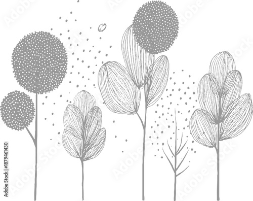 A playful composition of sketched trees and scattered dots in a subtle grey and white palette offering a light and airy feel for creative projects