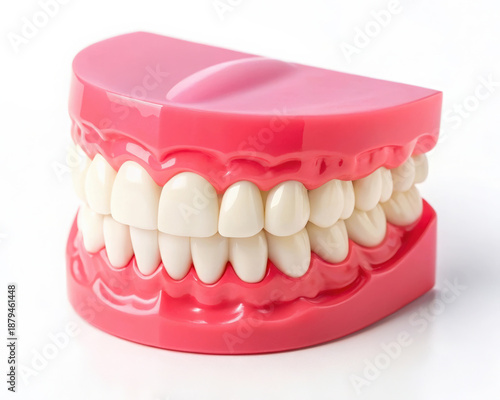 Model of set artificial teeth with pink gums on white background for dental study and teaching aid